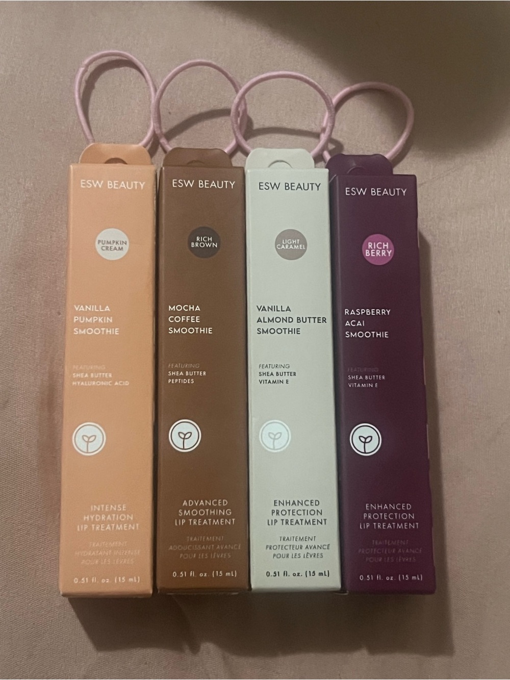 Lip treatments in all 4 flavors Vanilla Pumpkin smoothie, mocha coffee smoothie…